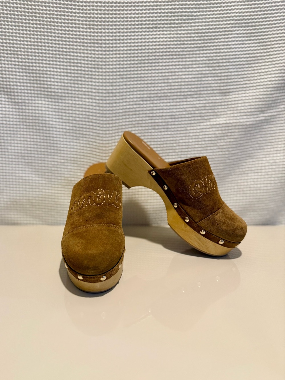 cinq a sept Sydney Studded Suede Clogs “Amour” Golden Sienna